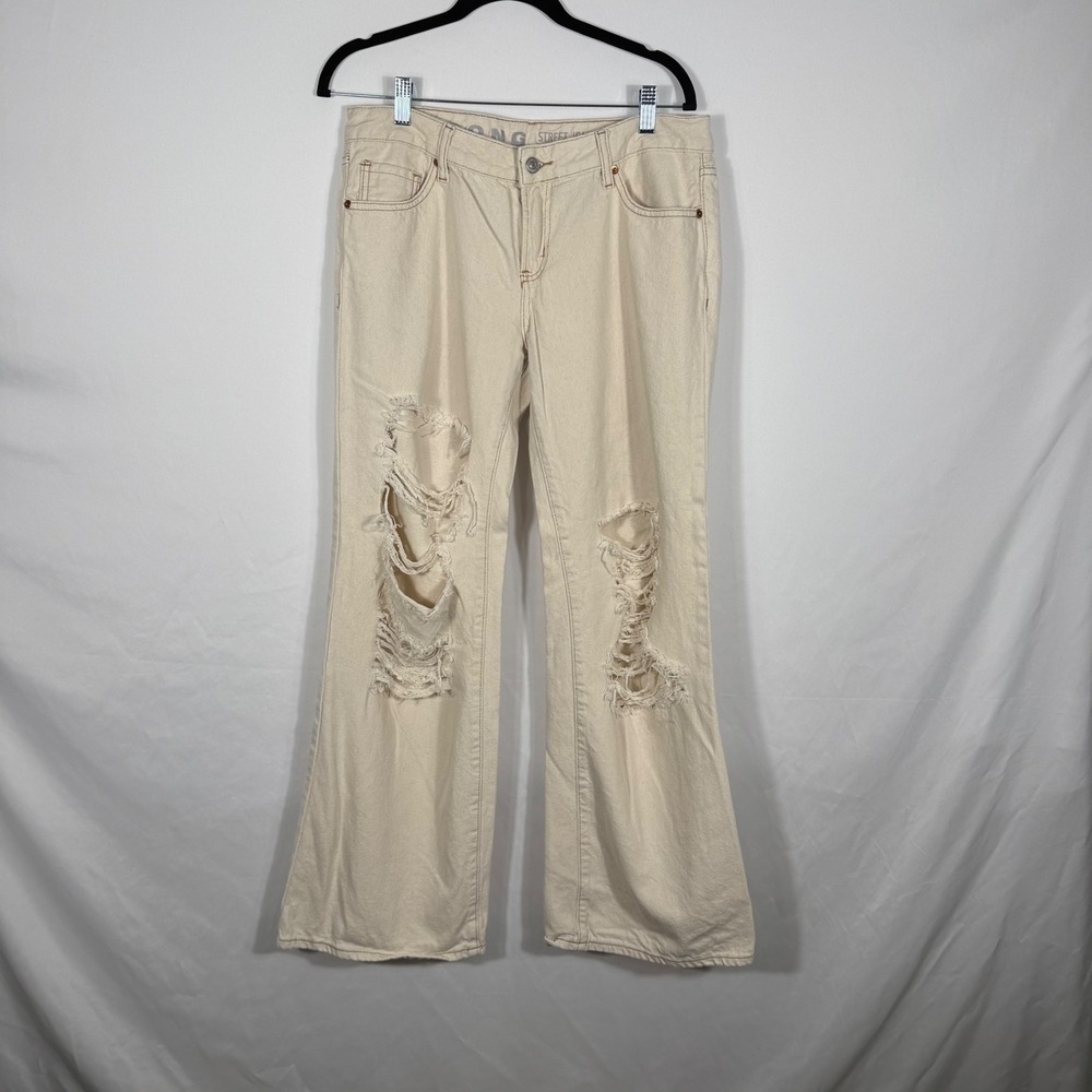 S.ONG Street Jean Cream Beige Ripped Distressed Wide Leg Low Rise Jeans 11/30